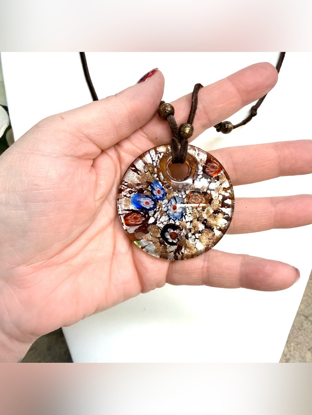 Vintage Murano Style Millefiori Art Glass Donut Pendant Necklace Brown Cord Boho